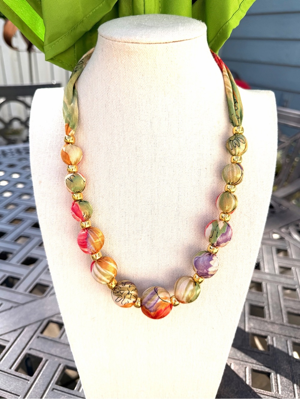 Artisan Floral Fabric Covered Bead Necklace Gold Tone Boho Statement
